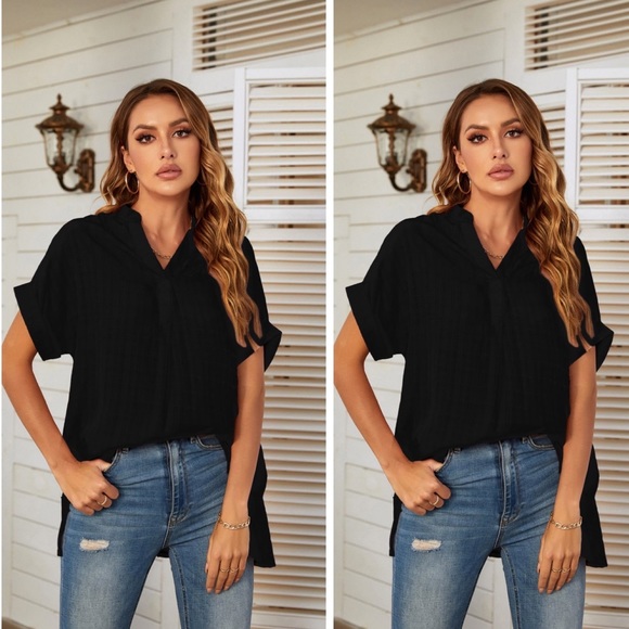 Tops - Black Plaid Gathered Detail Tunic Blouse